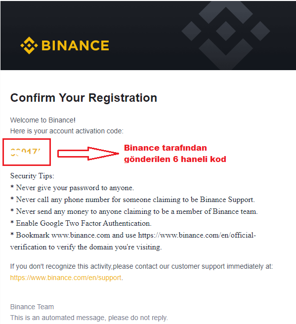 Binance Üyelik Doğrulama Emaili