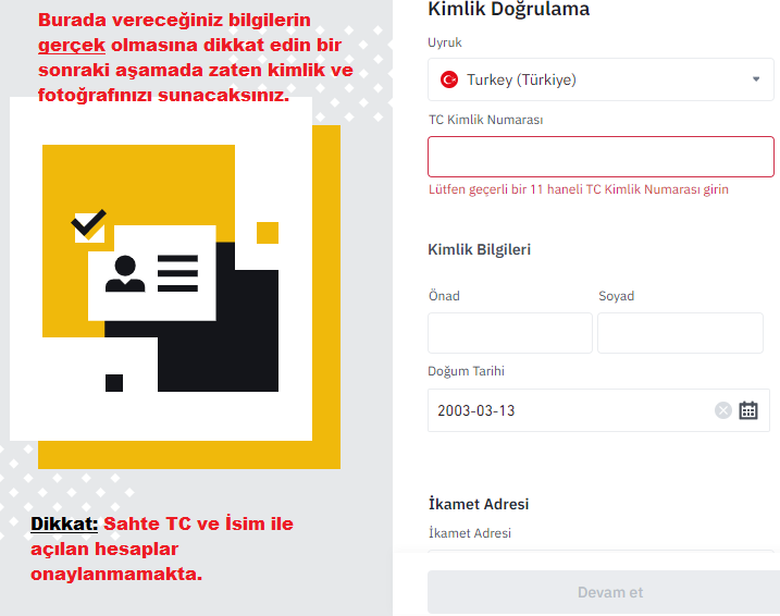 Binance Kimlik Doğrulama Kişisel Bilgi Giriş Ekranı