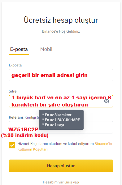 Binance Üyelik Formu Doldurma Ekranı