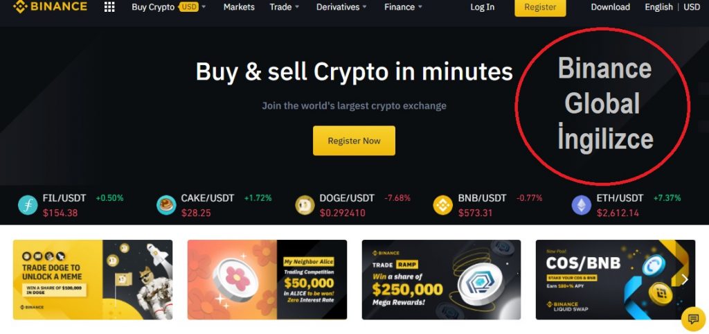 Binance Global İngilizce Ekranı