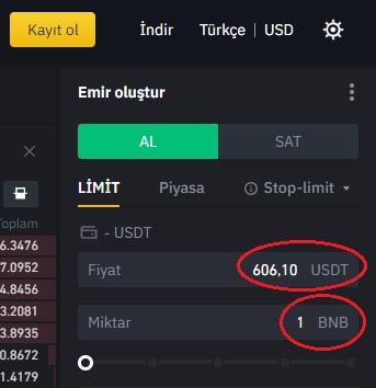 BNB Alım Satım Ekranı