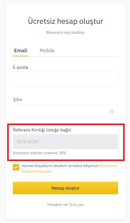 Binance Referans Kimliği Komisyon İndirimi %20